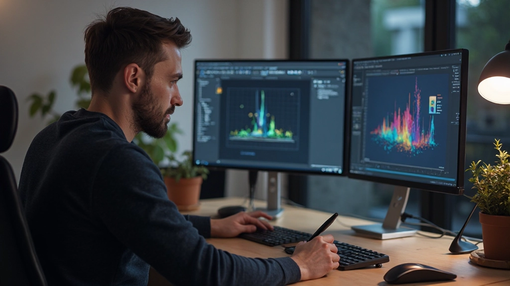 Animator werkstation met bewegingsgrafiek op scherm, moderne setup met dual monitors, stylus en digitaal tekenblad, professionele designomgeving