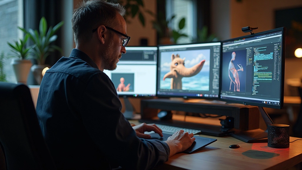 Animator werkstation met Bezier-curven grafiek op scherm, stylus en tablet, designsoftware open, professionele setup