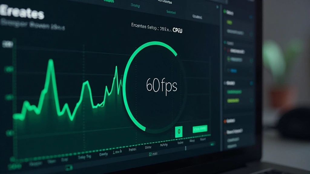 Performance monitor met 60fps indicatie, groene CPU-grafiek, smooth animation metrics dashboard met real-time data