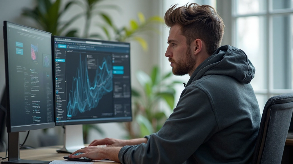 Designer aan het werk met animatie software, meerdere schermen tonen UI-elementen met hover-effecten en beweging