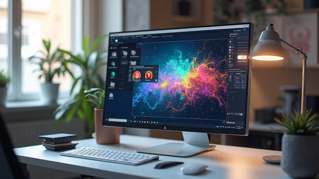 Computerscherm met animatieontwerp-interface, meerdere lagen zichtbaar, neonaccenten, modern designbureau