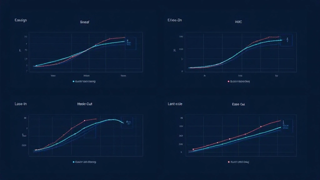 Vier verschillende easing-curven weergegeven als grafieken: lineair, ease-in, ease-out, ease-in-out met interactieve labels
